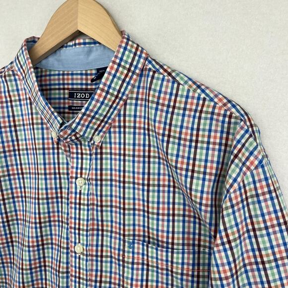 IZOD Shirt Mens XL Non Iron Stretch Poplin Plaid Button Up Cotton Blend Blue - Picture 7 of 15